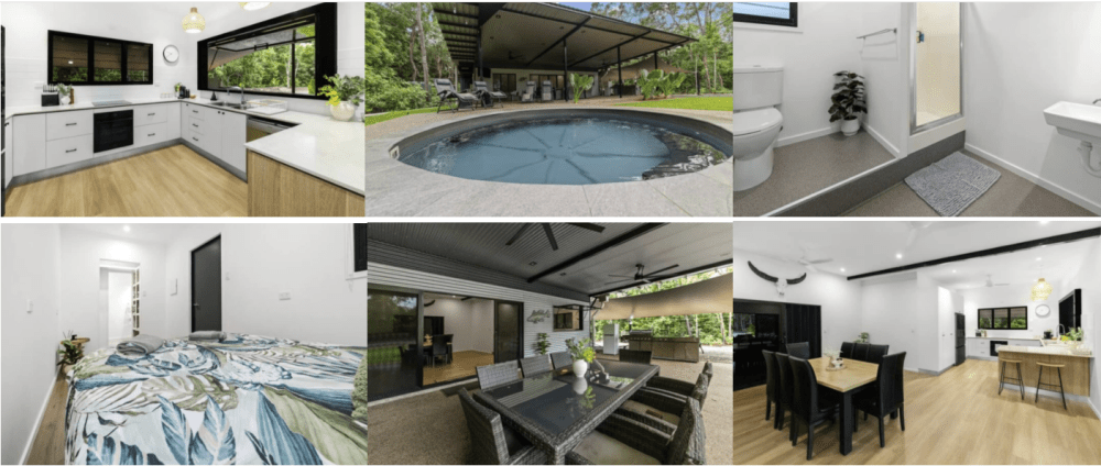 Collage of a modern home with kitchen, pool, bathroom, bedroom, patio, and dining area.