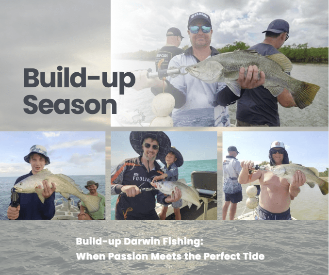 Collage of people holding large fish with text 'Build-up Season' and 'Build-up Darwin Fishing'.