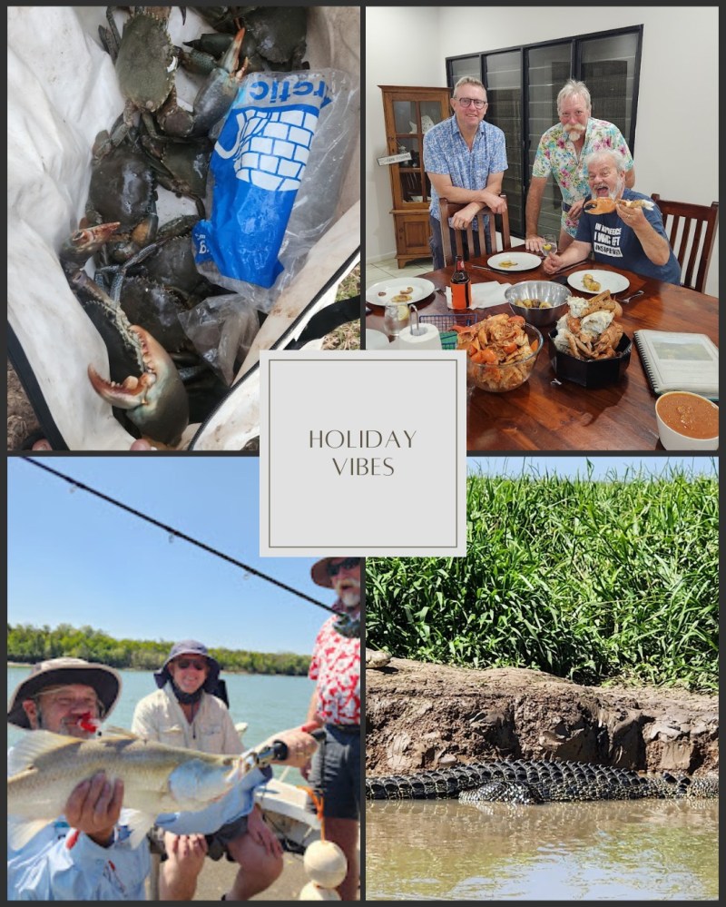 Collage with crabs, three men by dining table, fishing with fish, crocodile near water and grass, text 'Holiday Vibes'.