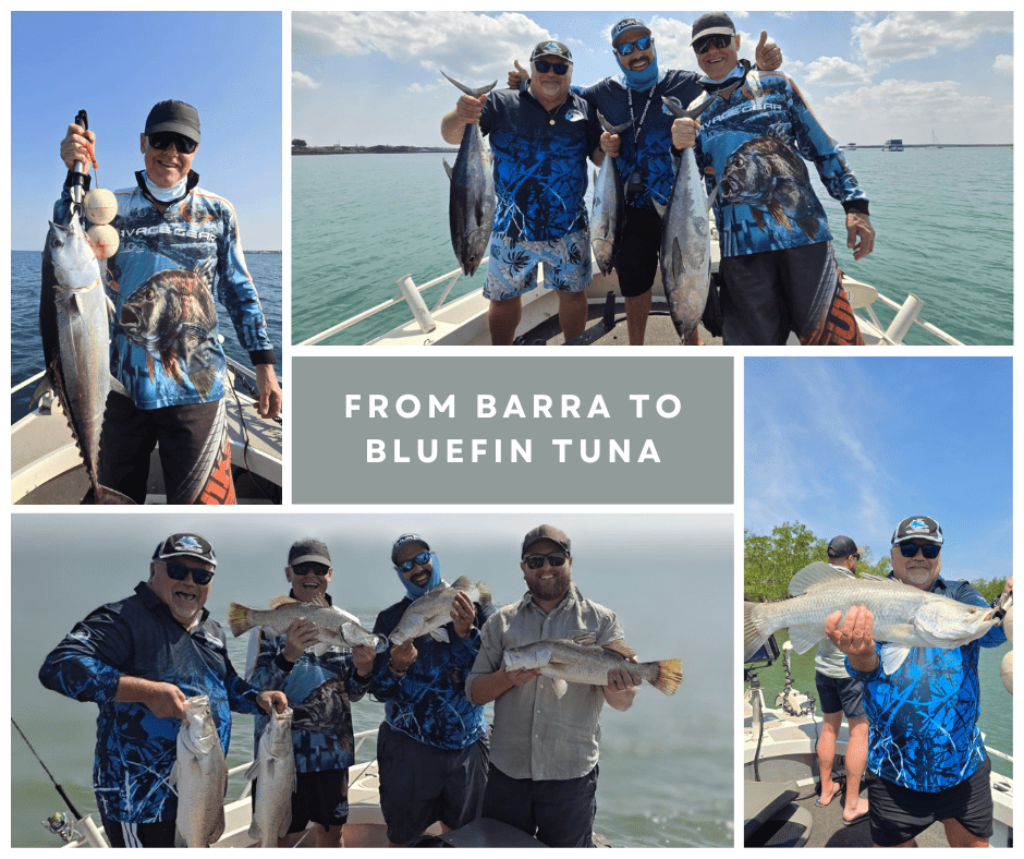 Collage of anglers on a boat holding various fish, with text 'From Barra to Bluefin Tuna'.