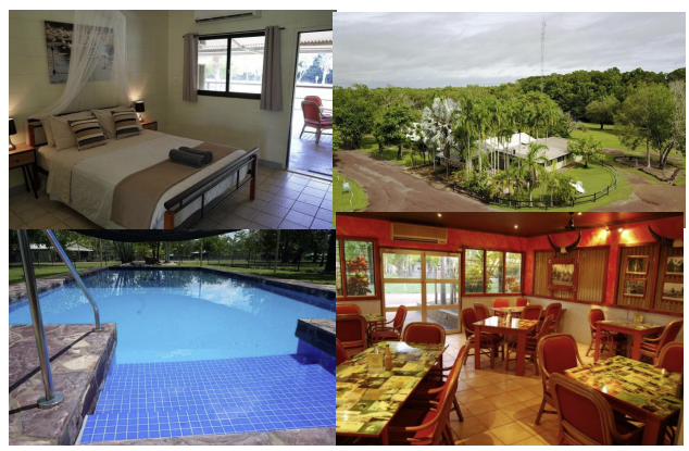 Collage of a bedroom, outdoor view of a house, swimming pool, and a dining room.
