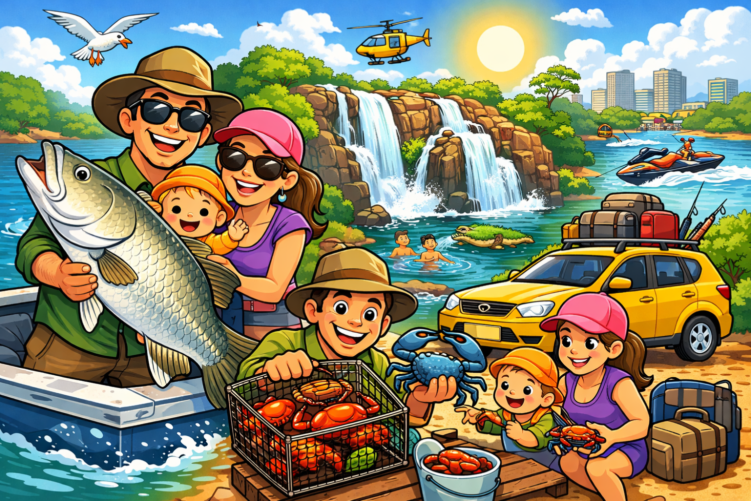 Family fishing trip with fish, crabs, and picnic; waterfall and city in background.