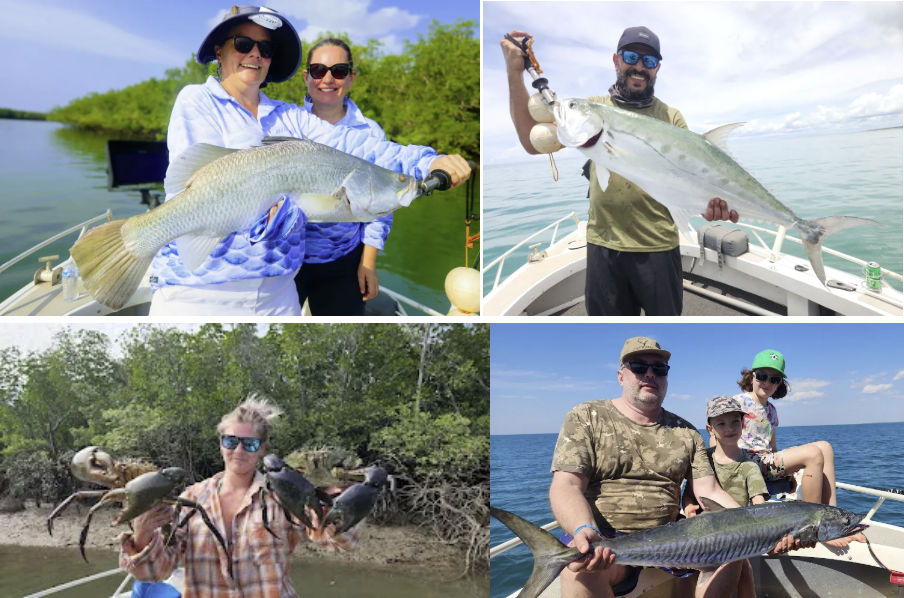 Four fishing scenes: various fish caught by smiling people on boats and near water.