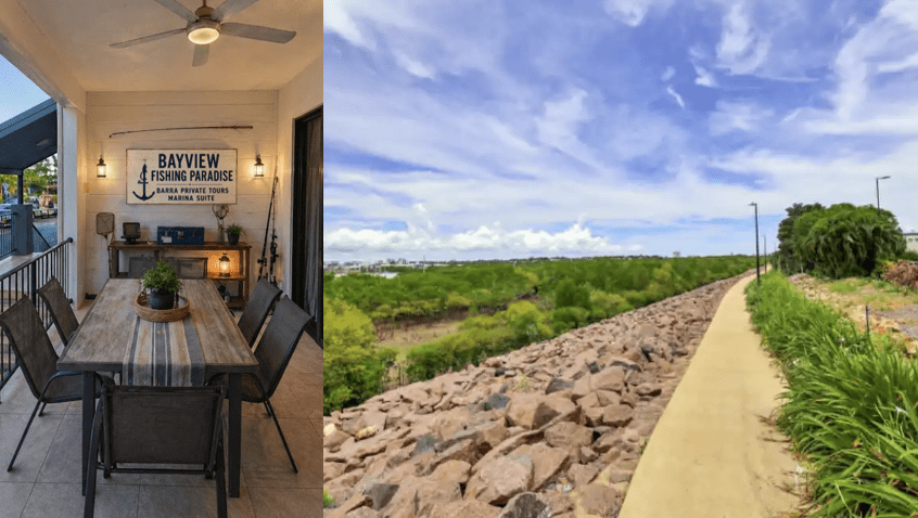 Dining area and pathway with greenery under blue sky.