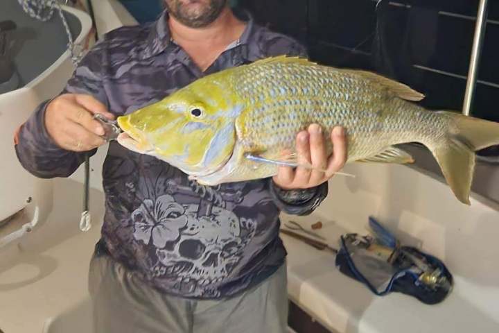 Man smiling and holding a large fish on a boat at night.