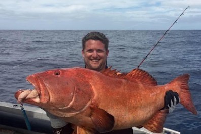 Person holding a large red fish on a boat with ocean background.