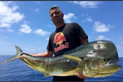 Person holding a large fish on a boat with a clear blue sky.