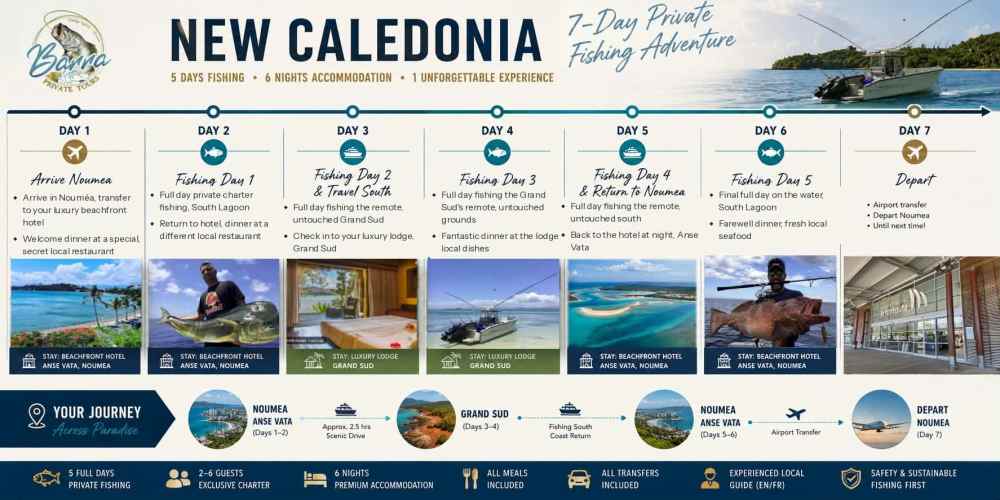 New Caledonia 7-Day Fishing Adventure itinerary with images and activity details.