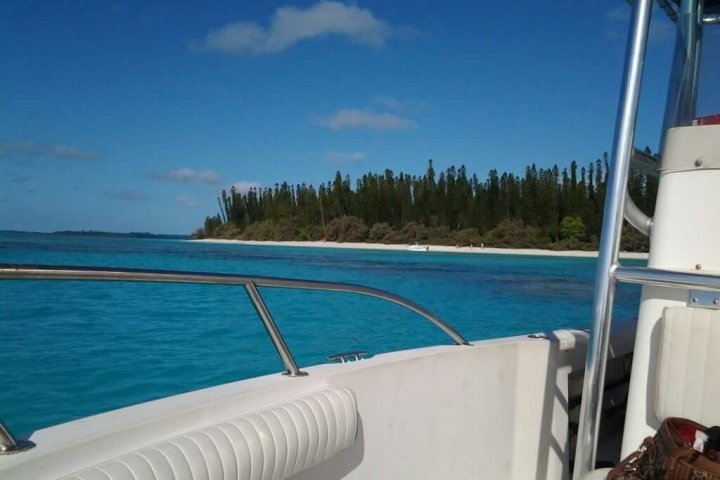 View from a boat of turquoise sea and distant sandy beach with tall trees.