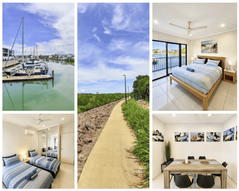 Collage: marina, path, bedroom, twin beds, dining room.