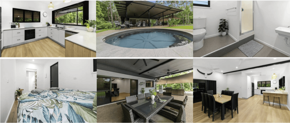 Collage of house interiors, kitchen, bedroom, bathroom, dining, and outdoor pool area.